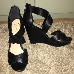 Jessica Simpson black leather wedges